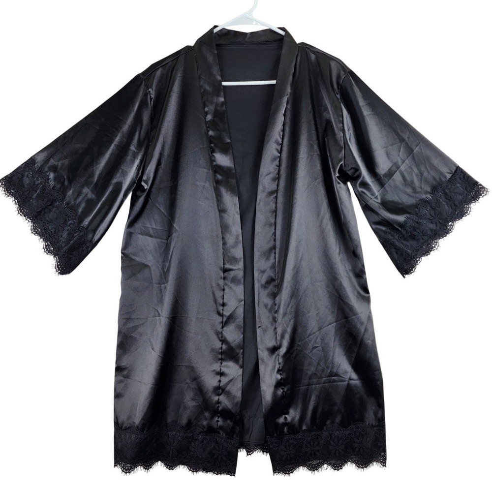 Satin Kimono Robe Womens Small Black Excellent Lace Trim 3/4 Sleeve